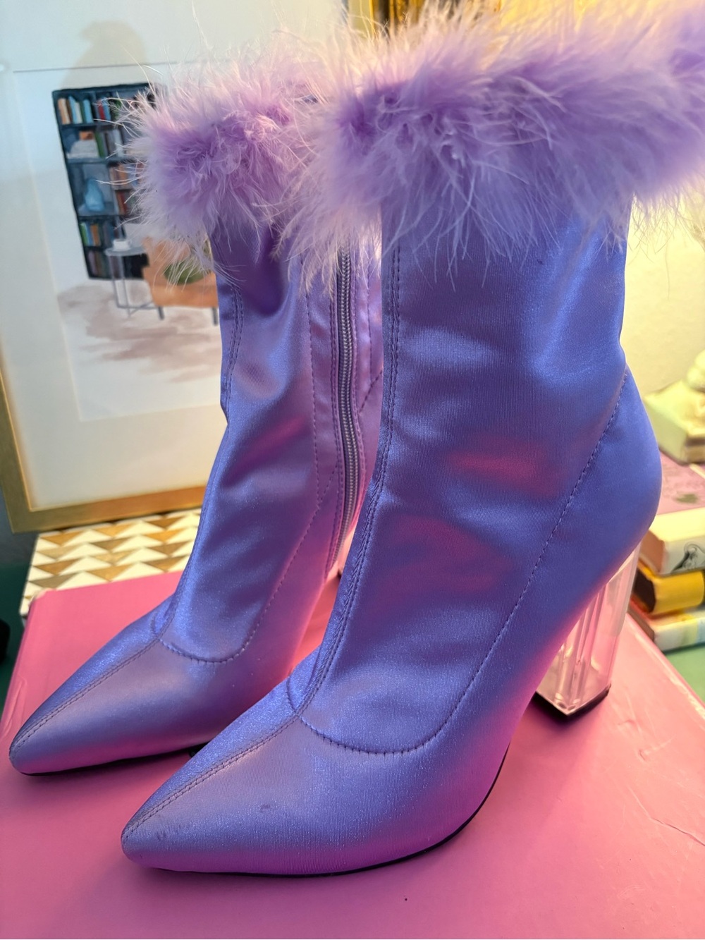 Lavender Faux-Fur Trim Satin Ankle Boots